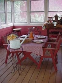 Server in the background, birdhouses,pots, etc. 