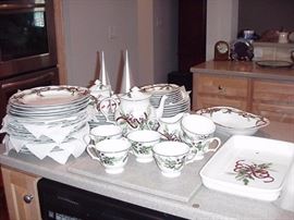 Christmas dinnerware--plates, cups and saucers, misc. serving bowls and platters, soup bowls, sugar and cream, teapot, salad/dessert plates