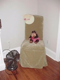 Covered parson's chair and fan; stuffed animals