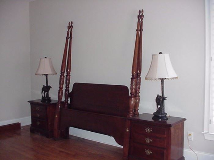 Rice poster mahogany bed; two three drawer nightstands, matching pair of big game lamps