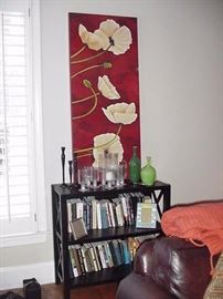 Bookcase; books, art, vases, glassware, and more