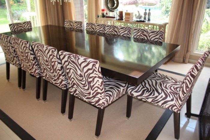 Contemporary Wood/Chrome Dining Table with 10 Zebra Print Chairs and Chrome Feet