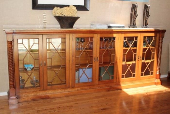 Beautiful Wood & Glass Marble Topped Cabinet - Long