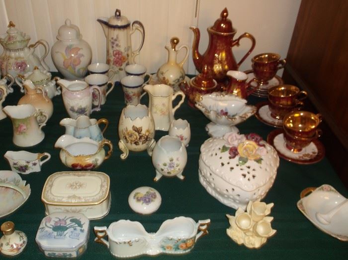 Beautiful tea set, handpainted creamer collection, and porcelain boxes
