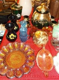 Carnival glass egg plate and covered punch bowl w/cups