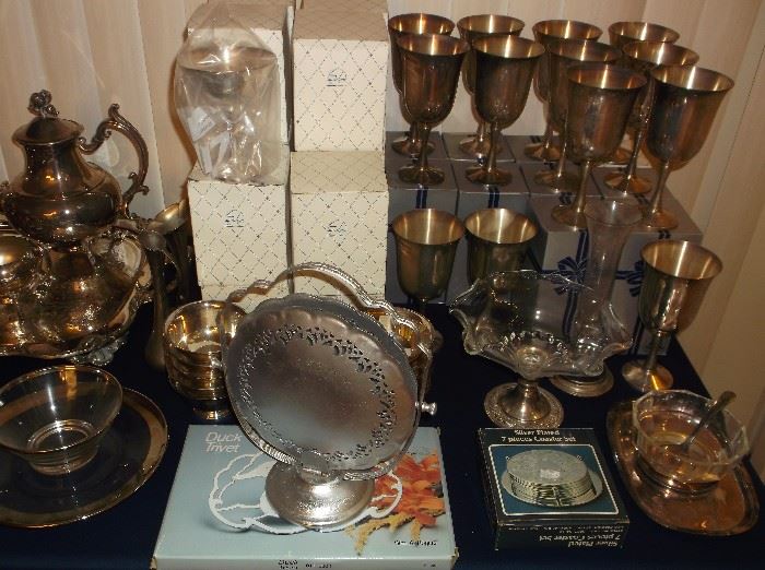 Silver plate goblets and serving pieces