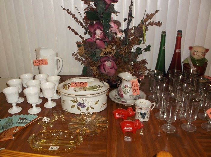 Panel grape pitcher w/eight goblets, elegant glassware of Depression era, piggy banks