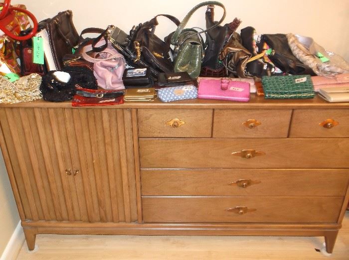 Mid-century dresser and lots of handbags