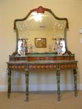 INCREDIBLE hand carved and painted ca 1920 marble top vanity