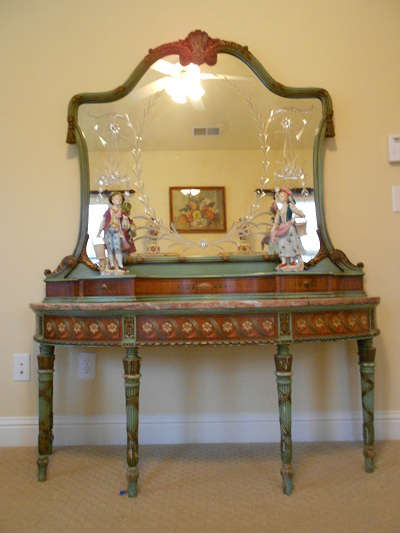 INCREDIBLE hand carved and painted ca 1920 marble top vanity