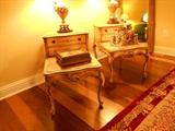 WONDERFULLY CRAFTED PAIR OF MARBLE TOP END TABLES.  HAND MADE AND DECORATED ca 1920