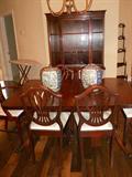 MAHOGANY DUNCAN FIFE DINING TABLE W LEAF.  6 CHAIRS.  CHINA HUTCH.