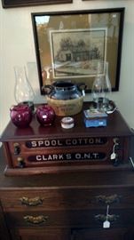 Cranberry candle holders, great spool cabinet, wooden cabinet, and more