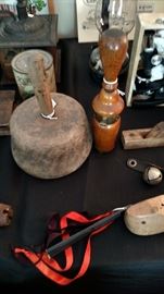 Burl mallet and wooden bottle corker.