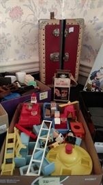 Early childhood trunk, dollhouse furniture, and toys