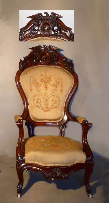 54 -Very Important HISTORICAL MASTERPIECE of a ROCOCO VICTORIAN ARM CHAIR carved with THE BUST OF GEORGE WASHINGTON and THE AMERICAN EAGLE (Oversized , H. 53 in.)