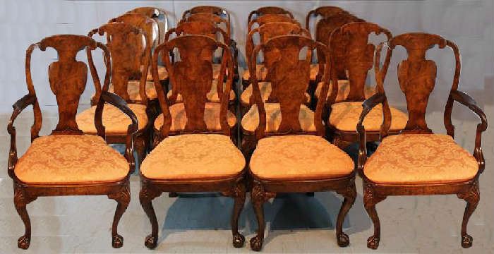 46 - 19th Century set of 16 burl walnut Chippendale heavy dining chairs, Arm - 39 in. T, 26 in. W, 18.5 in. D. side - 39 in. T, 21 in. W, 18 in. D.