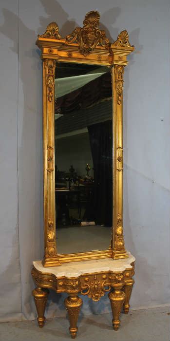 18 - Gold gilt Victorian white marble top pier mirror on stand, 96 in. T, 33 in. W, 14 I n. D.