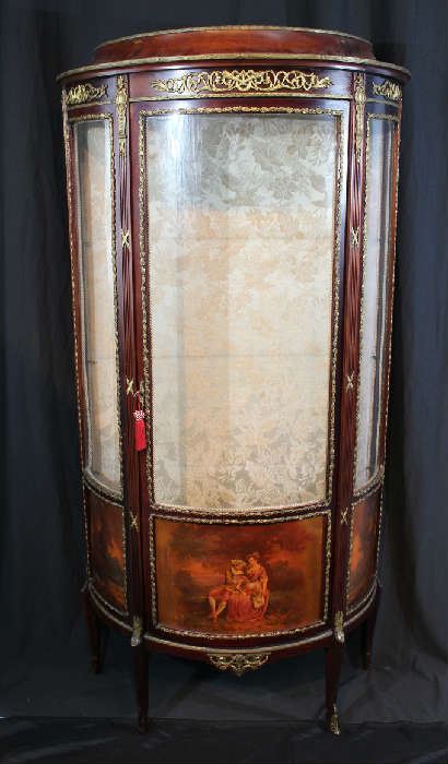 11 - French Bernie Martin curio cabinet with and painted doors with bronze trim and curved glass, 65 in. T