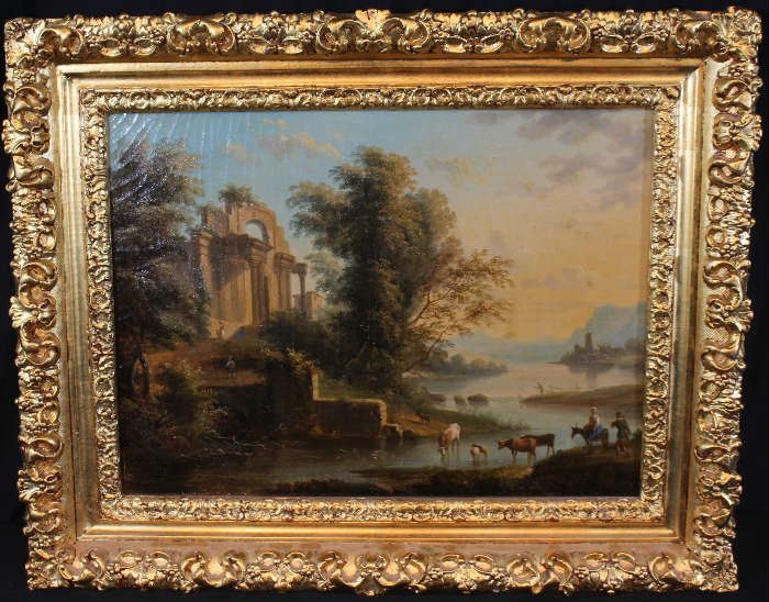 113 - 19th Century oil on canvas of French countryside with cows at river, 22 x 27.5, frame matches lot 104