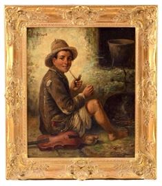 94- Artist signed Oil on Canvas of Boy smoking Pipe.  H. 31 in., W. 27 in.