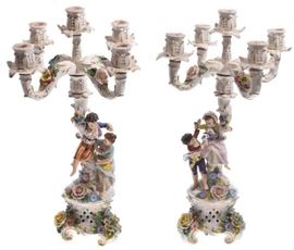 92a - Pair of Figural Dresden Two Part Candelabras H.19 in.