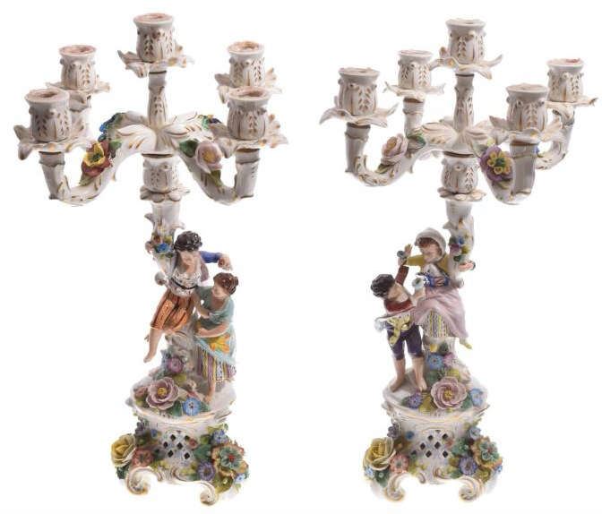 92a - Pair of Figural Dresden Two Part Candelabras   H.19 in.