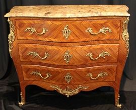 071 - Fine 19th Century Kingwood bronze mounted Louis 15th style marble top commode, 36 in. T, 47 in. W, 22 in. D.