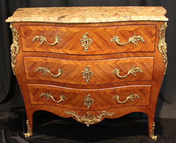 071 - Fine 19th Century Kingwood bronze mounted Louis 15th style marble top commode, 36 in. T, 47 in. W, 22 in. D.