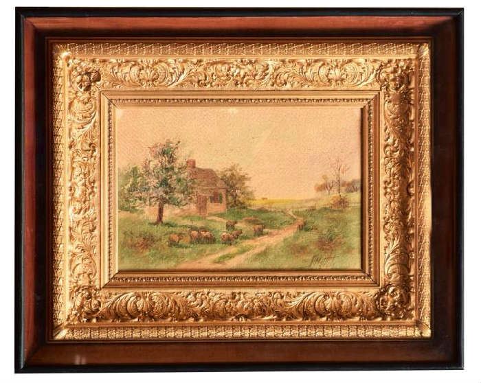 353 - American Water Color by Albert Matthews in Ornate Giltwood Frame Encased in Glass Front Shadow Box 19.5 in. W, 15.5 in. T