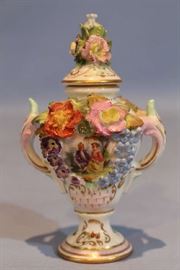 013 - Hand painted Dresden capped urn with flowers, 4 in. T.