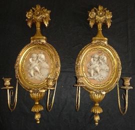 337 - Large Pair of Gilt and Marbleized Figural Candle Sconces  H. 34 in. , W. 12 in.