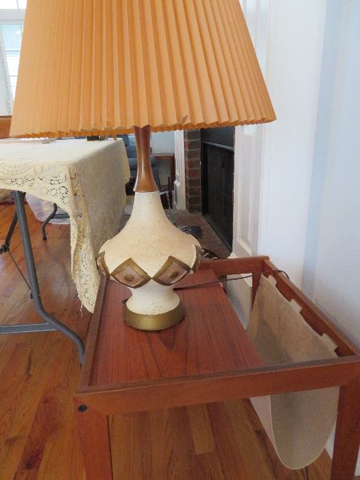#6-Danish Style Teak Side table with burlap sling magazine rack-$260. Does not include lamp.