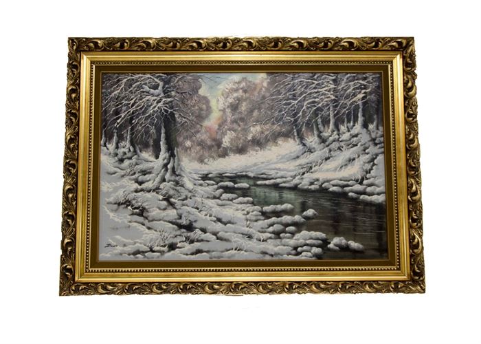 Josef Dande Original Oil on Canvas Winter Landscape: An original oil on canvas winter landscape by Josef Dande. This original work by well-listed twentieth century artist Josef Dande (Hungary, b 1911) features an idyllic early winter snowfall. Snow-laden branches line a peaceful stream. Trees in the distance hold hints of fall color. It is signed to the lower left and presented in a carved wooden frame with an antiqued gold tone finish. It is ready for display by a wire to the verso.
