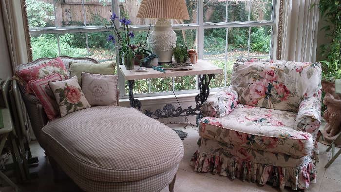 Chaise and floral chair.