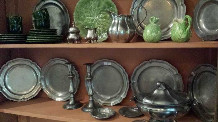 Pewter chargers, chandle sticks, tureen, other