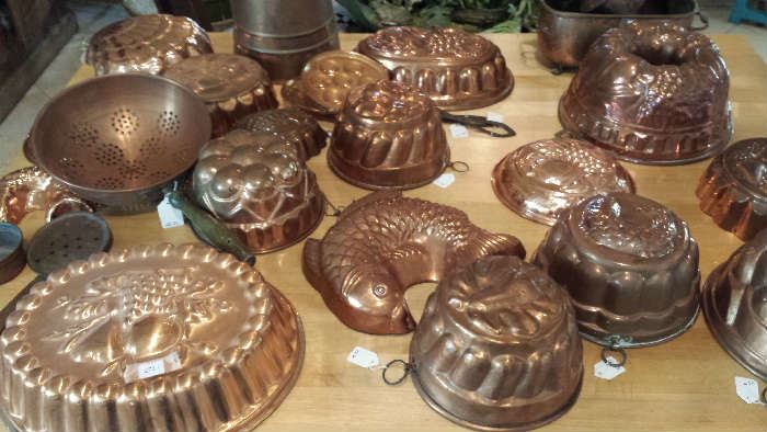 A great selection of copper molds, various ages