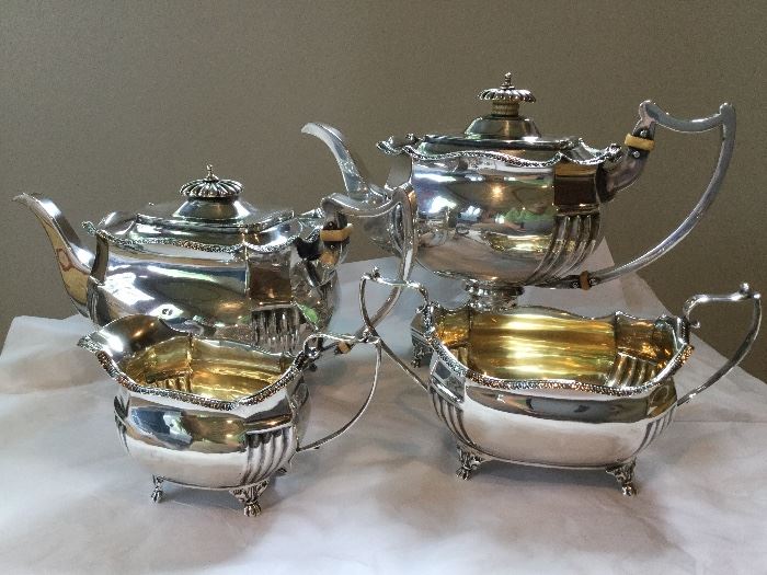 Georgian Sterling tea set. Crispin Fuller, 1814, London.  Teapot is missing insulator for lid knob and has a couple of minor dings commensurate with age and use.
