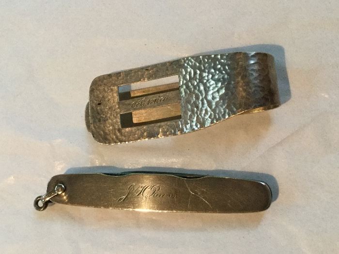 sterling money clip "Anna", and sterling pen knife by George Wostenholm belonging to industrialist John H. Bass