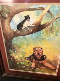 great water color of a cat and dog at play