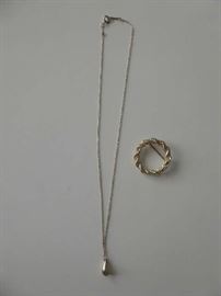 Elsa Perretti sterling teardrop necklace and Tiffany 18k and sterling rope circle pin