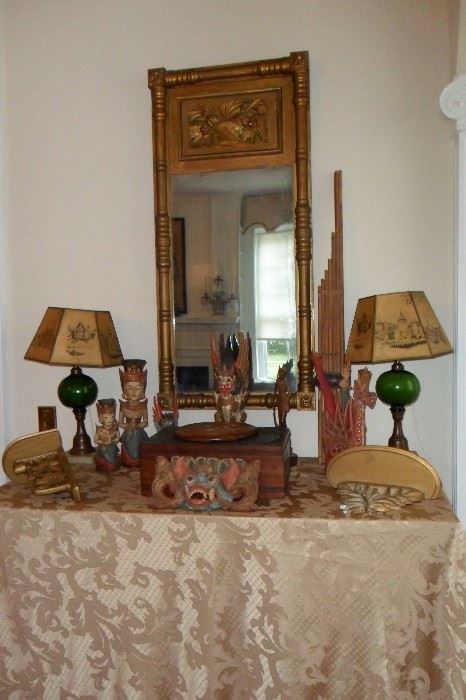 Pair of Matching Antique Lamps,Asian Art Figurine's, Antique Lap Top Writing Desk, Antique Gilded Mirror.