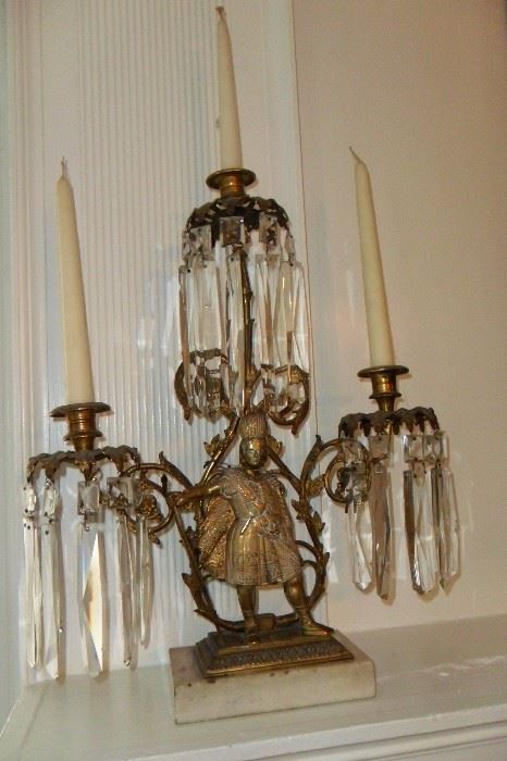 One of the Pair of Antique Brass,Marble & Crystal Candelabra with 3 Candlestick Holders.