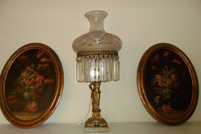 Antique Gilt Brass Figural Lamp with Etched Glass Shade & Crystal Drop Pendents. Pair of Antique 19th Century Oval Still Life Works,Unsigned,Dutch School.19 1/2 x 14.