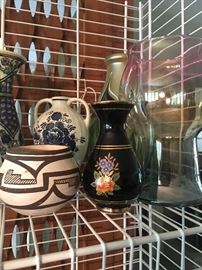 Assorted vases:  Acoma clay pot, Delft blue/white, handblown iridescent swirl art glass