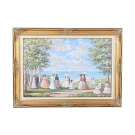 French Impressionistic Oil Painting on Canvas signed Du Rois: A French Impressionistic style oil painting signed Du Rois. Depicted is a group of men and woman in Edwardian attire near a waterfront view of multiple sailboats. The work is signed by hand in the lower right. It is presented in a wooden Louis XV style frame with a gold tone sight edge. The frame includes a hanging wire on the verso.