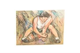 Ronald Fritkin Oil Painting on Canvas "Anthony": An oil painting on canvas by Ronald Fritkin (American, 1944 – 2008) titled Anthony. It depicts a young man in T-shirt and shorts crouched down ready to shoot in a game of marbles. The painting is signed and dated “Fritkin ’96” to the lower left and is unframed.