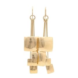14K Yellow Gold Geometric Square Dangle Earrings: A pair of 14K yellow gold geometric square dangle earrings.