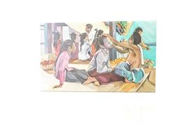 Ronald Fritkin Oil Painting on Canvas "Transformation": An oil painting on canvas by Ronald Fritkin (American, 1944 – 2008) titled Transformation. The painting depicts a Southeast Asian setting with several women seated on a wood platform overlooking the sea. In the foreground, one woman is applying makeup to a girl’s face. The painting is signed “Firkin” to the lower left and is unframed.