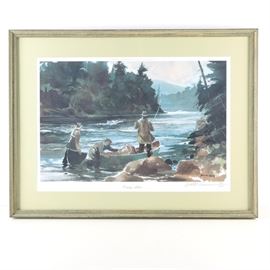 Chet Reneson Limited Edition Offset Lithograph "Coming Ashore": A limited edition offset lithograph by listed artist Chet Reneson (born 1934), titled Coming Ashore. This print on paper, which is after an original watercolor, depicts a group of fisherman docking on a rocky shore, one of which is seen retracting his fishing pole which is reeling in a catch. To the lower right corner of the composition is an in plate signature, which is complemented to the margins with a printed title, handwritten artist signature and print edition, listed 95 of 300. The print is presented under glass beneath a single-layered mat in a brushed natural wooden frame with hanging wire to the verso.